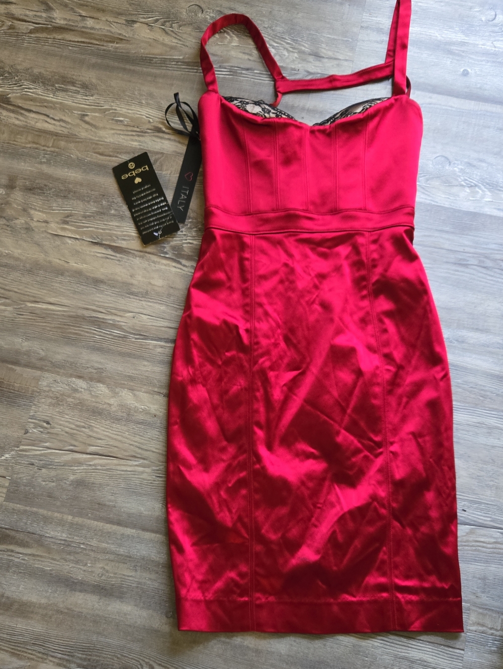 Bebe Satin Lace Trim Mini Dress in Red NWT
